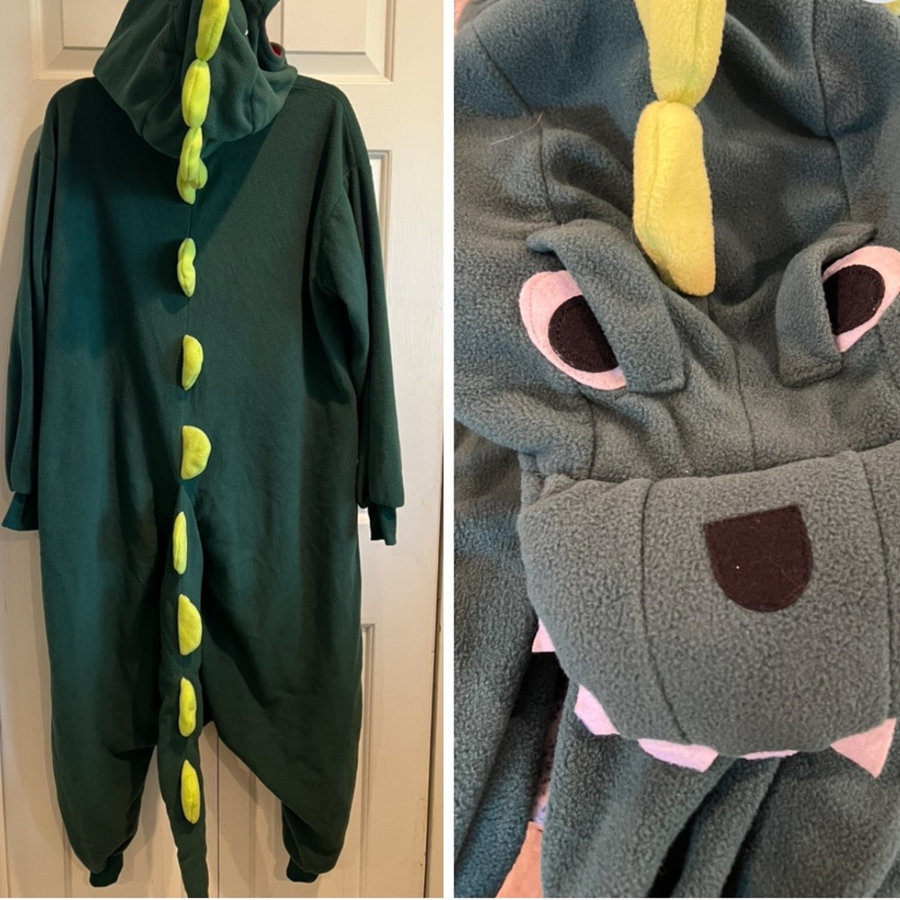 DRAGON 🐉 DINO 🦖 Onesie- Green & Yellow with Spikes, Face on the Hood & Pockets